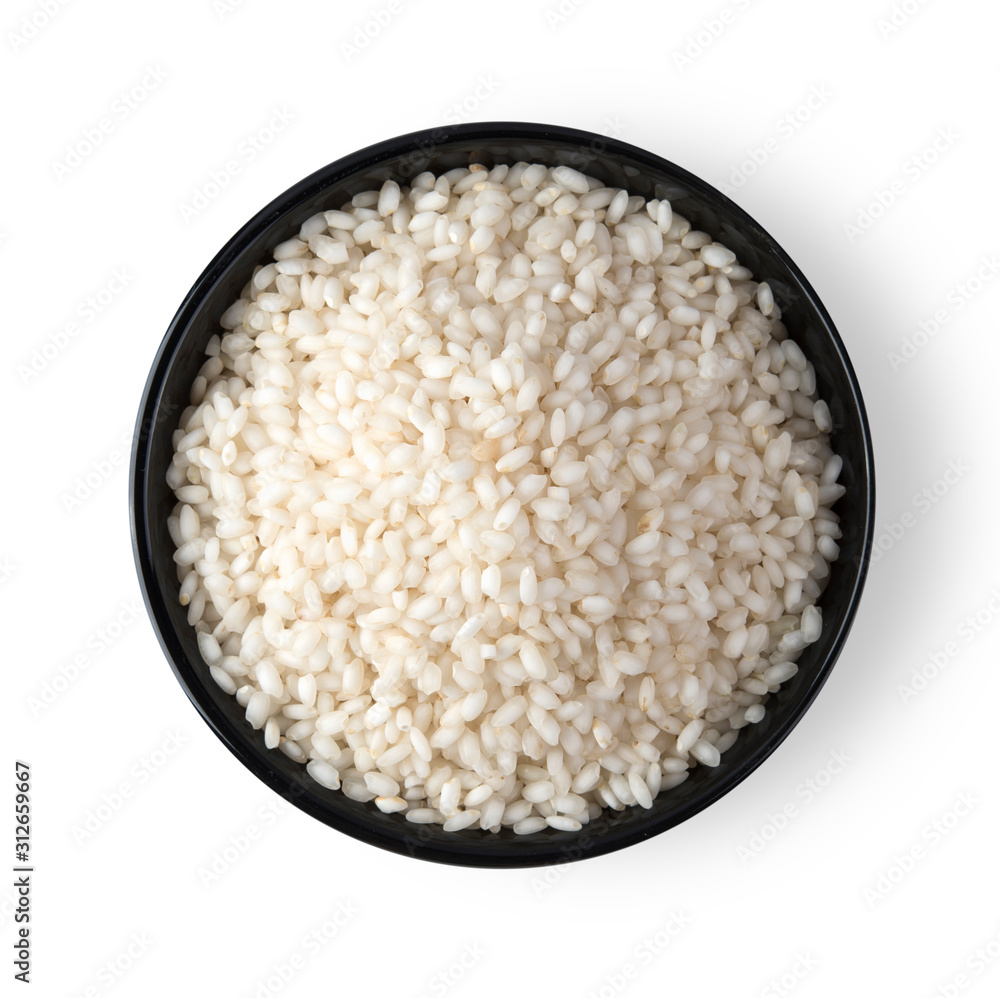 Japanese rice in black bowl on white background Japanese rice in black bowl on white background