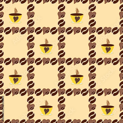 Love coffee seamless pattern. Texture checkered beans  cups  hearts of brown chocolate color on a yellow background with icons. Design for menu  packaging  wrapping paper  mug  kitchen textiles  cafe