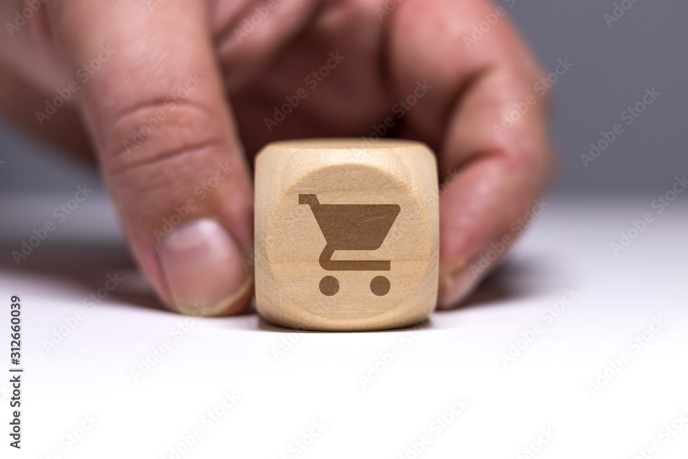Pictogramme caddie sur cube en bois Pictogramme caddie sur cube en bois
