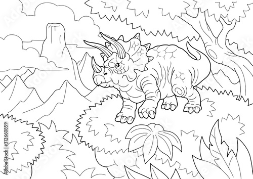cartoon prehistoric dinosaur triceratops, coloring book, funny illustration