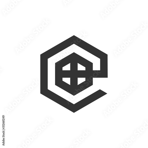 letter e plus hexagonal window home shape logo vector