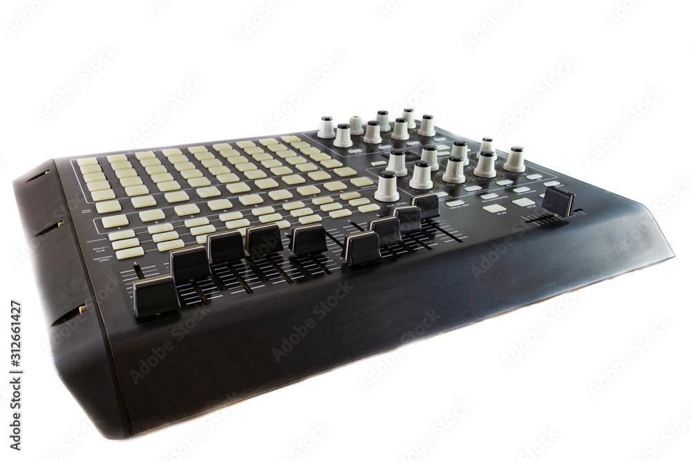 Studio Controller Desk for Electronic Music Production and Music Mixing on white backgorund Studio Controller Desk for Electronic Music Production and Music Mixing on white backgorund