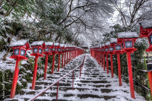 Kifune shrine with snow in winter night, Kyoto, Japan