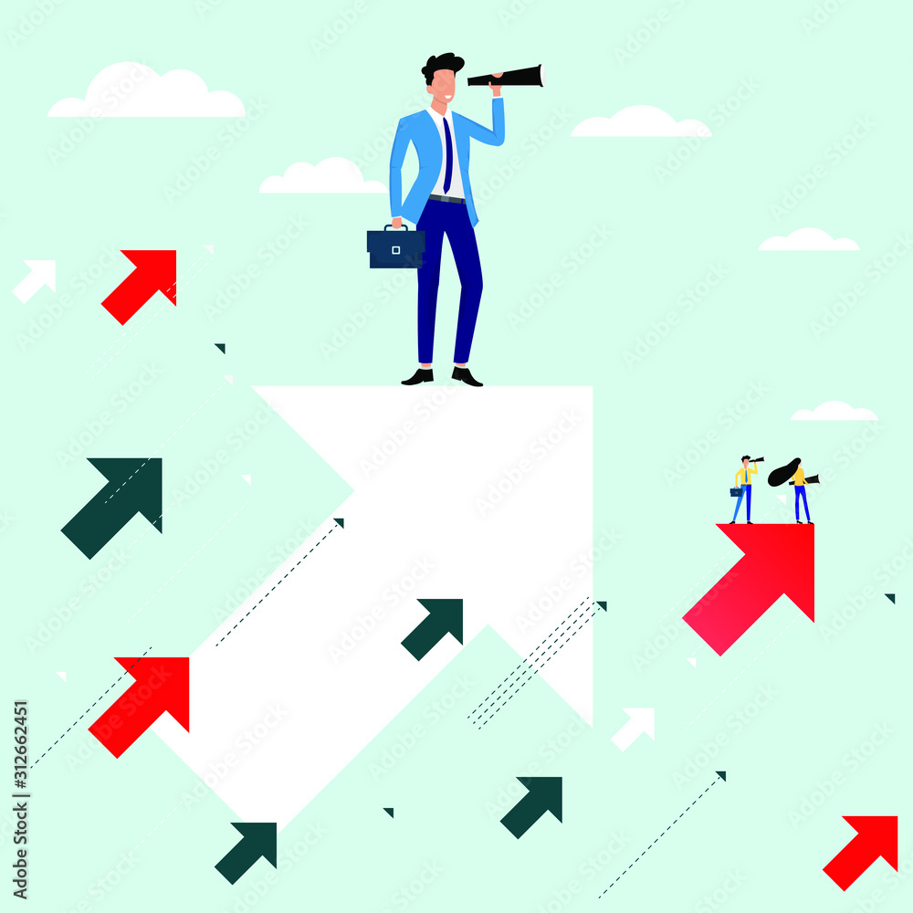 Business concept of searching for an opportunities, businessman standing on flying arrows and holding a binoculars. He is not standing alone, they are also have the competitors in the other area. Business concept of searching for an opportunities, businessman standing on flying arrows and holding a binoculars. He is not standing alone, they are also have the competitors in the other area.