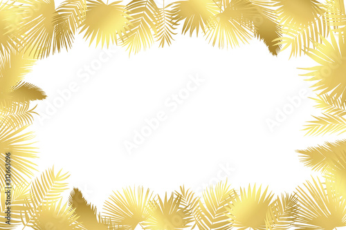 Golden palm leaves frame, decorative tropical design on white background