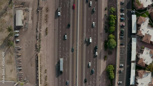 Aerial Drone View of Highway I-10 in Phoenix Tempe Chandler Arizona on a sunny day showing highway and surrounding areas
