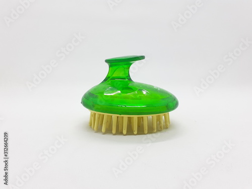Handheld Green Transparent Cleaning Brush Design for Kitchen and Bathroom Hygiene Care Service Tools in White Isolated Background