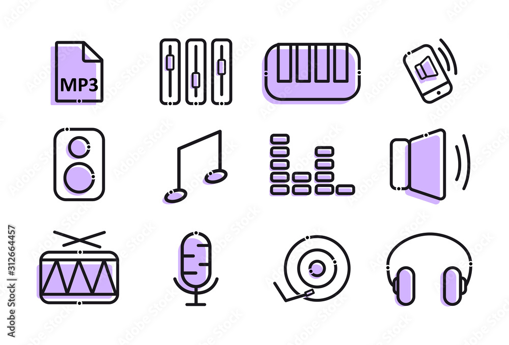 Vecteur Stock A set of music icons. Elements in the set: volume, mp3  format, speaker, sound, note, synthesizer, call on the phone, player,  microphone, headphones, drum | Adobe Stock