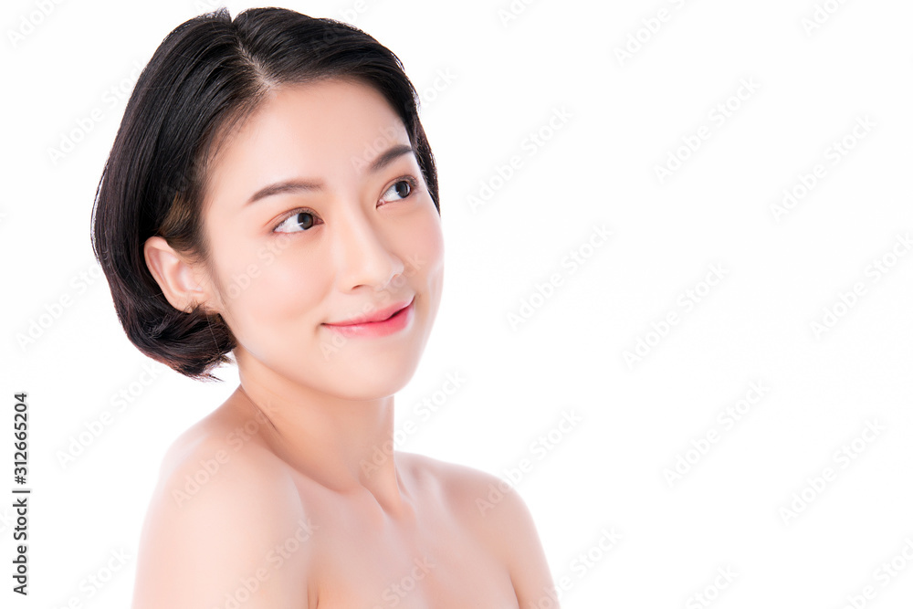 Beautiful Young Asian Woman with Clean Fresh Skin. Face care, Facial treatment, on white background, Beauty and Cosmetics Concept. Beautiful Young Asian Woman with Clean Fresh Skin. Face care, Facial treatment, on white background, Beauty and Cosmetics Concept.