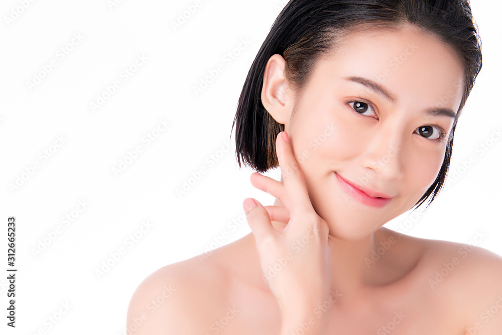 Beautiful Young Asian Woman with Clean Fresh Skin. Face care, Facial treatment, on white background, Beauty and Cosmetics Concept. Beautiful Young Asian Woman with Clean Fresh Skin. Face care, Facial treatment, on white background, Beauty and Cosmetics Concept.