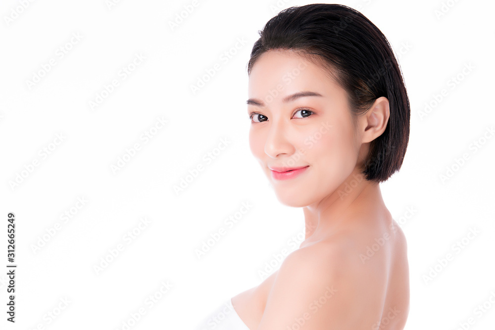 Beautiful Young Asian Woman with Clean Fresh Skin. Face care, Facial treatment, on white background, Beauty and Cosmetics Concept. Beautiful Young Asian Woman with Clean Fresh Skin. Face care, Facial treatment, on white background, Beauty and Cosmetics Concept.