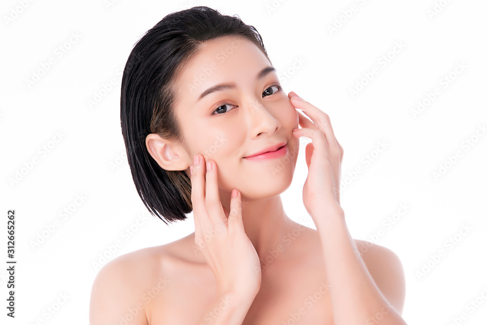 Beautiful Young Asian Woman with Clean Fresh Skin. Face care, Facial treatment, on white background, Beauty and Cosmetics Concept. Beautiful Young Asian Woman with Clean Fresh Skin. Face care, Facial treatment, on white background, Beauty and Cosmetics Concept.