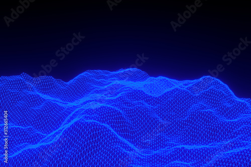 3d rendering, Abstract blue background digital landscape with particles dots on black background,Low poly on black background © background photo