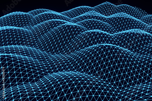 Wallpaper Mural 3d rendering, Abstract blue background digital landscape with particles dots on black background,Low poly on black background Torontodigital.ca