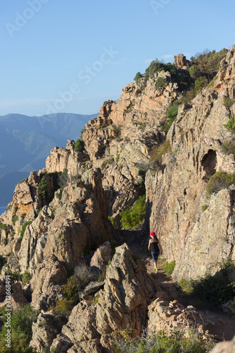 Corse. Corsica. piana. Les calanches de Piana, site classé au patrimoine mondial de l'humanité par l'UNESCO. Sous un soleil de fin de journée, les rochers, les pins et la mer Méditerrannée.  The Calan photo