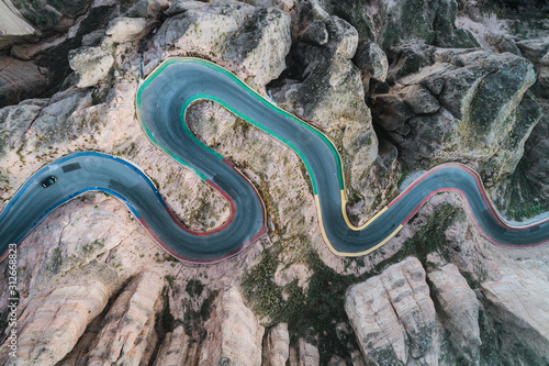 aerial view of a steep mountain road