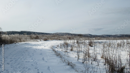 Fototapeta Naklejka Na Ścianę i Meble -  snowy road leading to the mountains