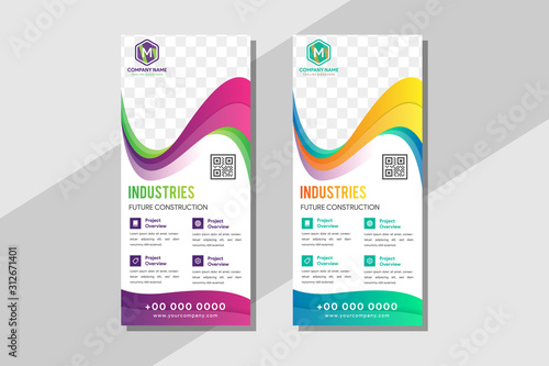 modern gradient blue, yellow, purple and green Roll Up Banner template vector illustration,white background ,standy design , display,advertisement. space for photo on top