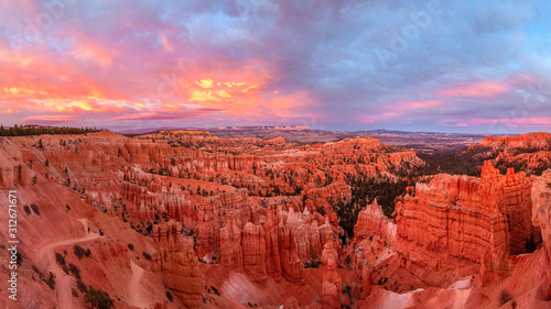 Beautiful orange hoodoos from Sunset Point at sunset in Bryce Canyon National Park in Utah