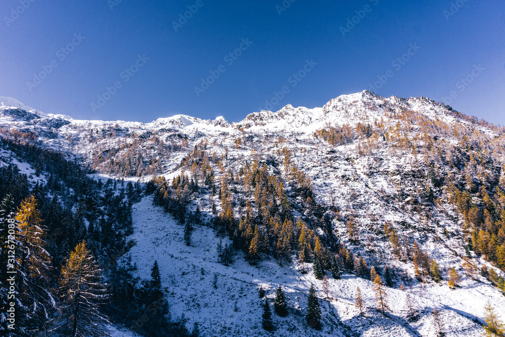 The snowy mountains, the forest and nature after the first snowfall of the season in the alps, near the town of Tartano, Italy - November 2019.