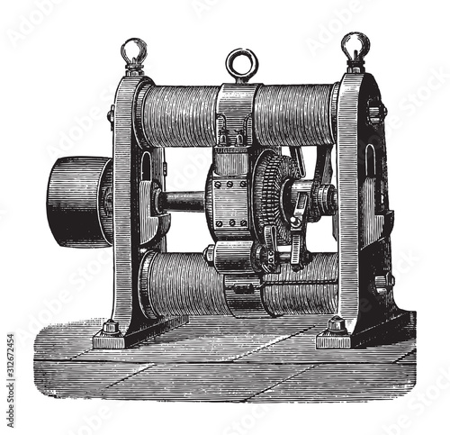 Electricity machine (dynamo electric) - Gramme 1870 / vintage illustration from Brockhaus Konversations-Lexikon 1908