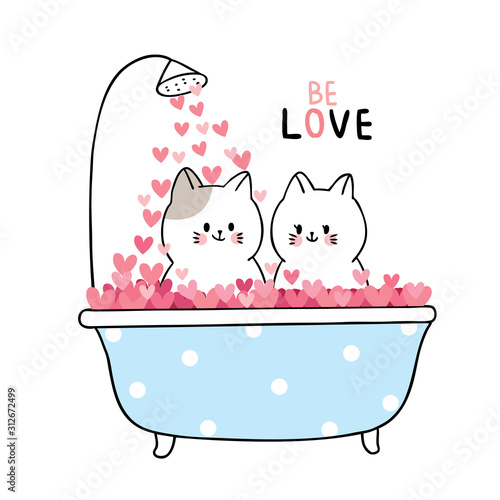 Cartoon cute Valentines day white cats bath in hearts vector.