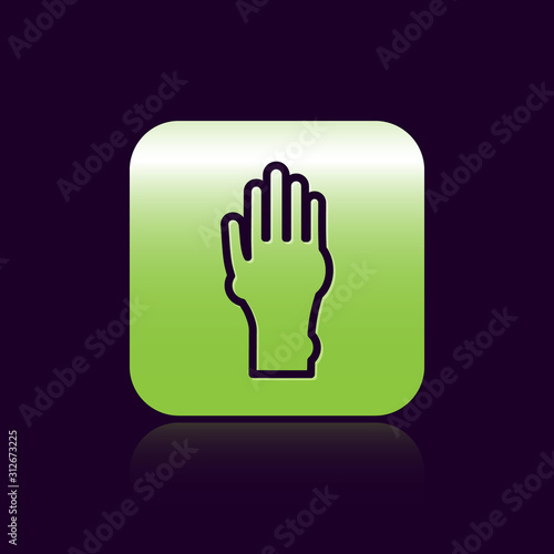 Black line Hand with psoriasis or eczema icon isolated on black background. Concept of human skin response to allergen or chronic body problem. Green square button. Vector Illustration