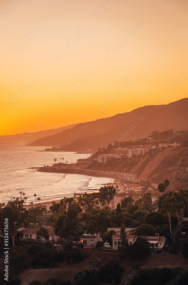 Sunset view over the Pacific Coast in Pacific Palisades, Los Angeles, California