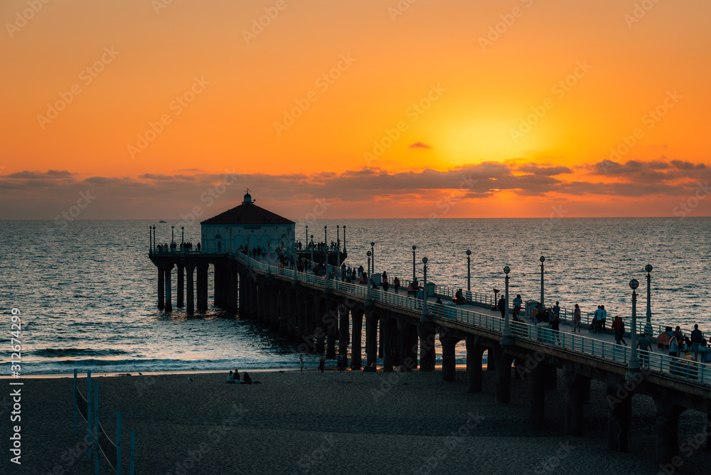 The Manhattan Beach Pier at sunset, in Los Angeles, California