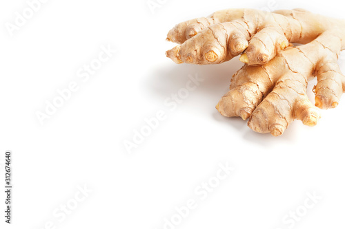 Fresh ginger root on a white background, isolate. Ginger pharmacy.