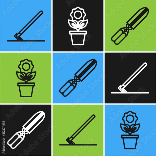Set line Garden rake in work, Gardening handmade scissors for trimming and Flower in pot icon. Vector