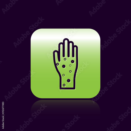Black line Hand with psoriasis or eczema icon isolated on black background. Concept of human skin response to allergen or chronic body problem. Green square button. Vector Illustration