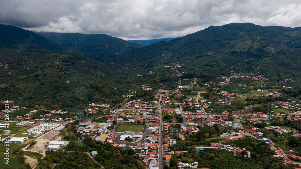 Beautiful aerial view of the beautiful town of Santa Maria de Dota in Costa Rica -town in valley