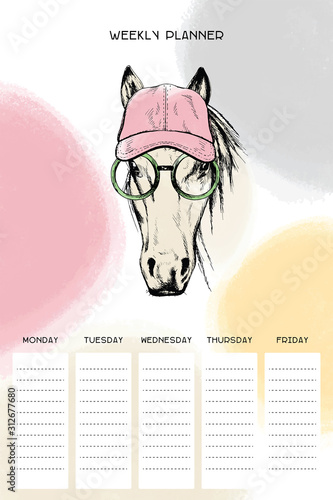 Weekly organizer with horse in glasses, basis planner template universal and modern