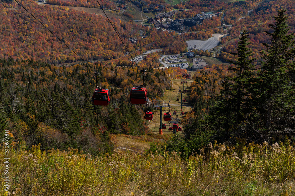 Cable car view. Fall colour seen from above, with telephoto lens, on Stowe Mountains in Vermont