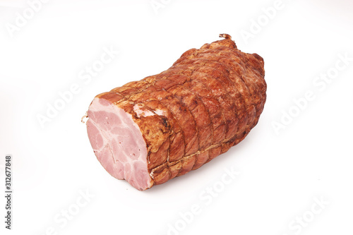 Smoked and steamed pork ham. Traditional sausage products white white background.