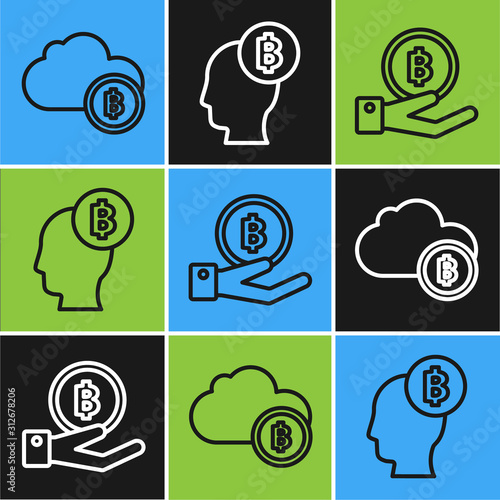 Set line Cryptocurrency cloud mining, Hand holding Bitcoin and Bitcoin think icon. Vector