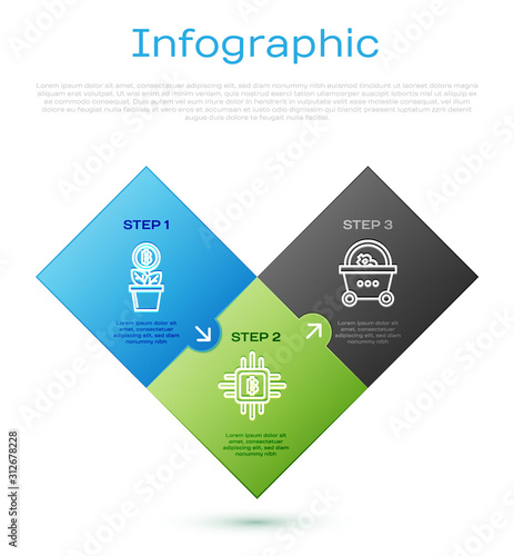 Set line Bitcoin plant in the pot, Shopping basket with bitcoin, CPU mining farm and Blockchain technology Ethereum ETH. Business infographic template. Vector