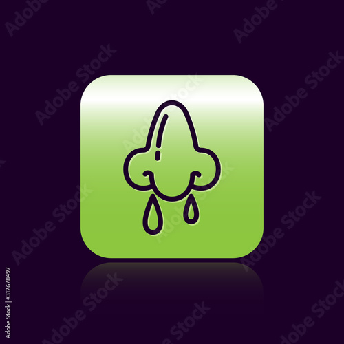 Black line Runny nose icon isolated on black background. Rhinitis symptoms, treatment. Nose and sneezing. Nasal diseases. Green square button. Vector Illustration
