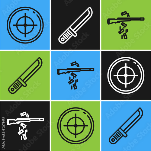 Set line Target sport for shooting competition, Gun shooting and Hunter knife icon. Vector