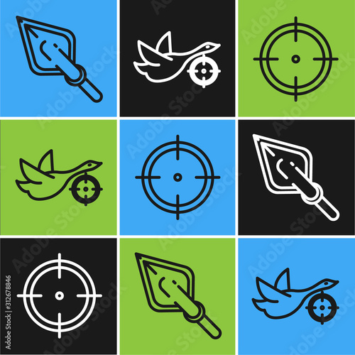 Set line Hipster arrow tip, Target sport for shooting competition and Hunt on duck with crosshairs icon. Vector