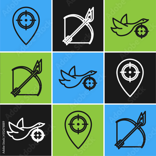 Set line Hunt place, Hunt on duck with crosshairs and Bow and fire arrow icon. Vector