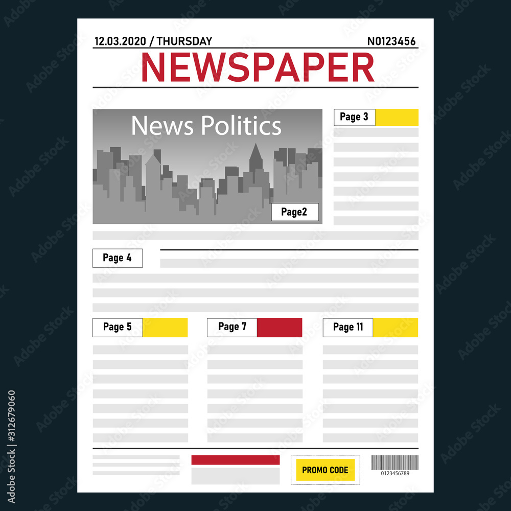 Newspaper. Realistic daily newspaper template with pagination and news. Vector illustration of a newspaper isolated on dark. Newspaper. Realistic daily newspaper template with pagination and news. Vector illustration of a newspaper isolated on dark.