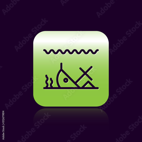 Black line Sunken ship at the bottom of the sea icon isolated on black background. Green square button. Vector Illustration