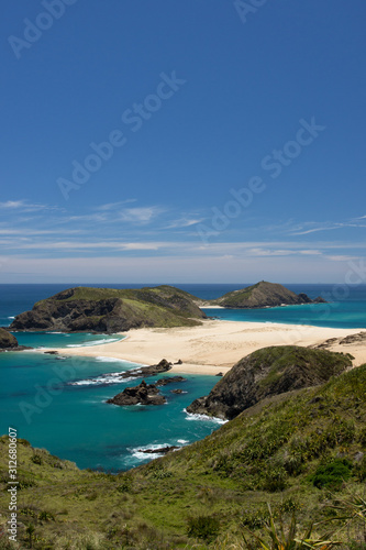 The remote Cape Maria Van Diemen and bright blue sea on the Cape Reinga, Northland, New Zealand.