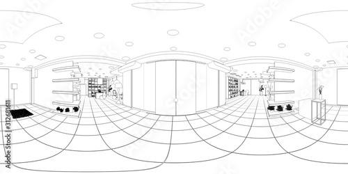 spherical panoramic render of the store, contour visualization, 3D illustration, sketch, outline