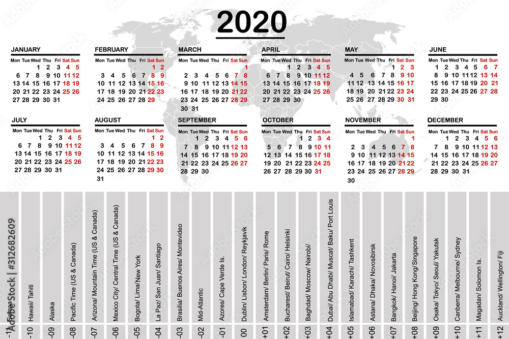 2020 calendar with world map and time zones