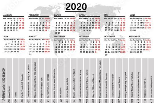 2020 calendar with world map and time zones