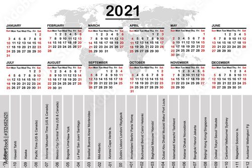 2021 calendar with world map and time zones