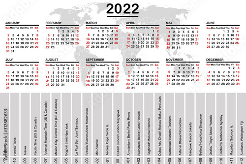 2022 calendar with world map and time zones